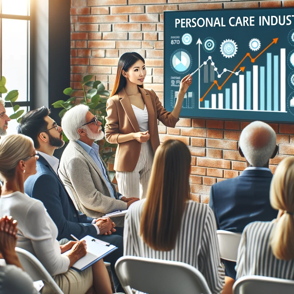 photo of an informational seminar on personal care industry growth with a diverse audience listening to a speaker the speaker an asian woman is po