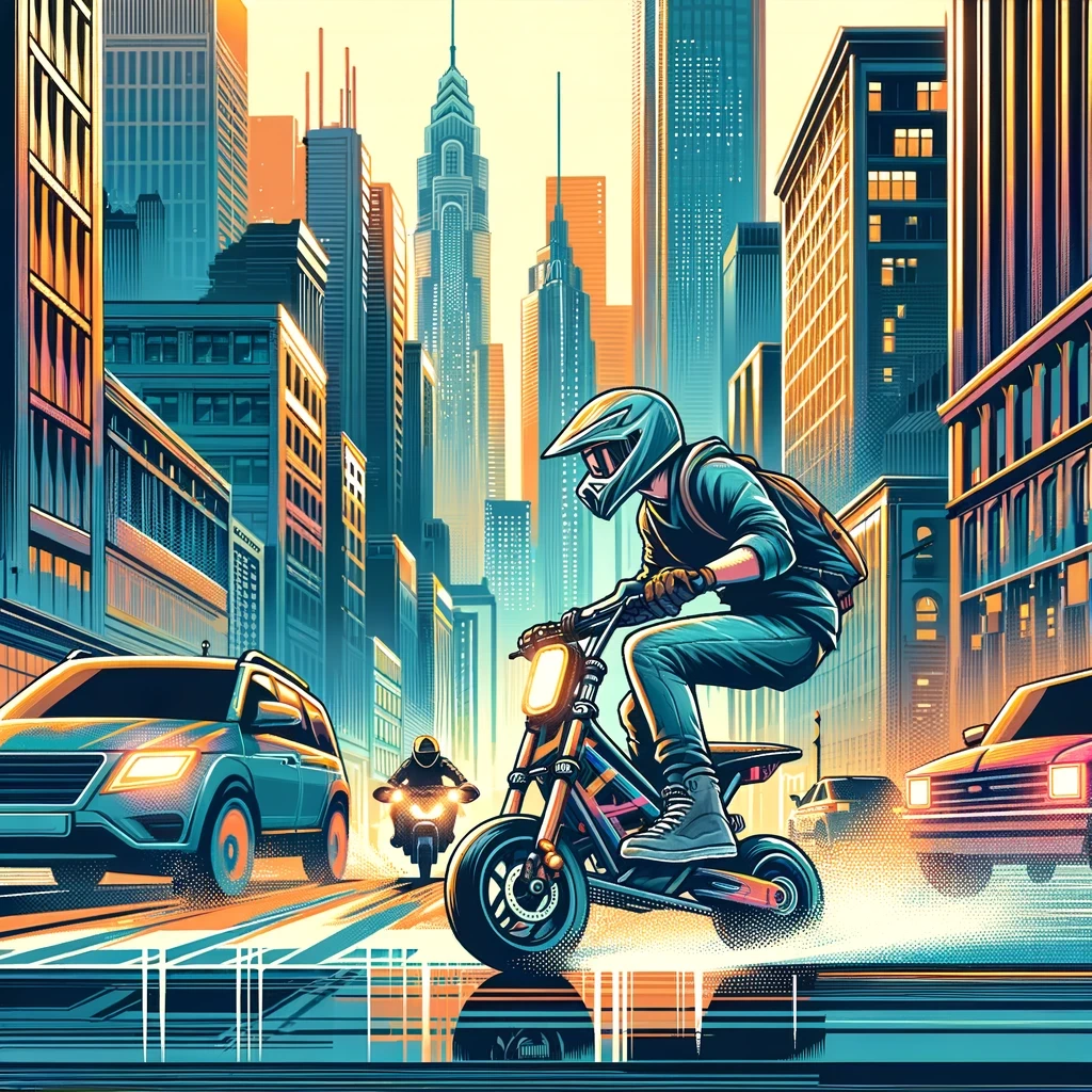 urban scene with a rider on a mini bike navigating through city streets showcasing skyscrapers and urban traffic in the background the scene should