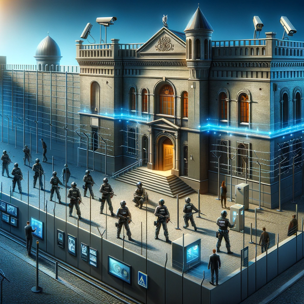 visualize a fortified museum with advanced security measures in place reflecting the heightened state of alert following a significant art heist the