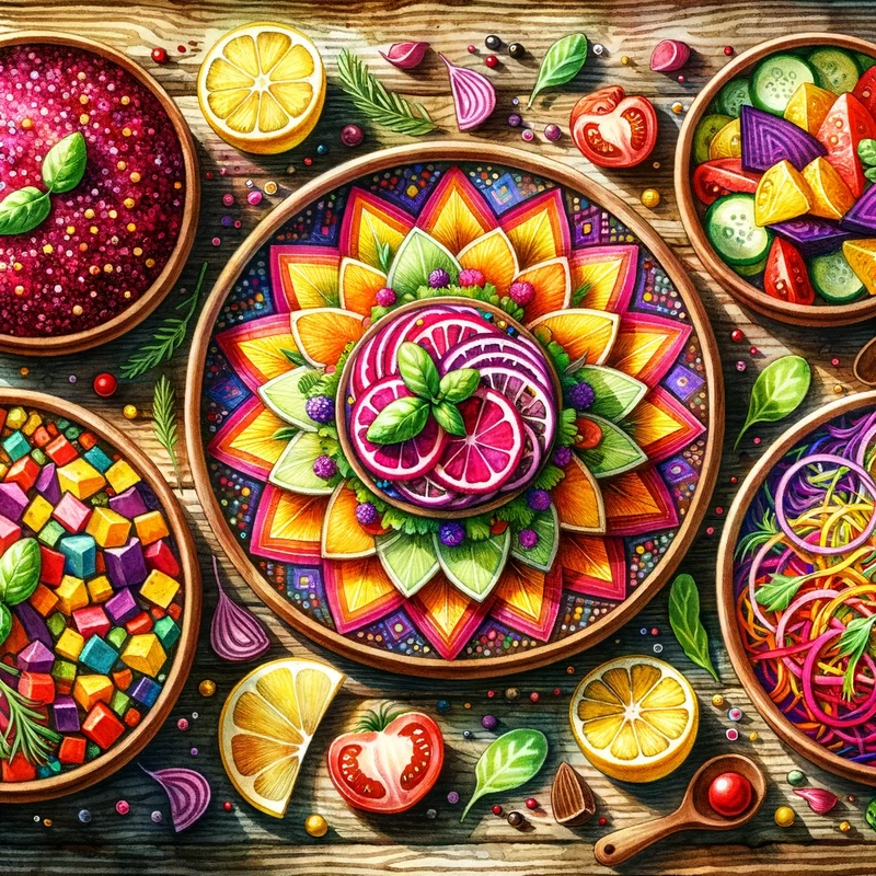 watercolor painting of side dishes and salads for a color party