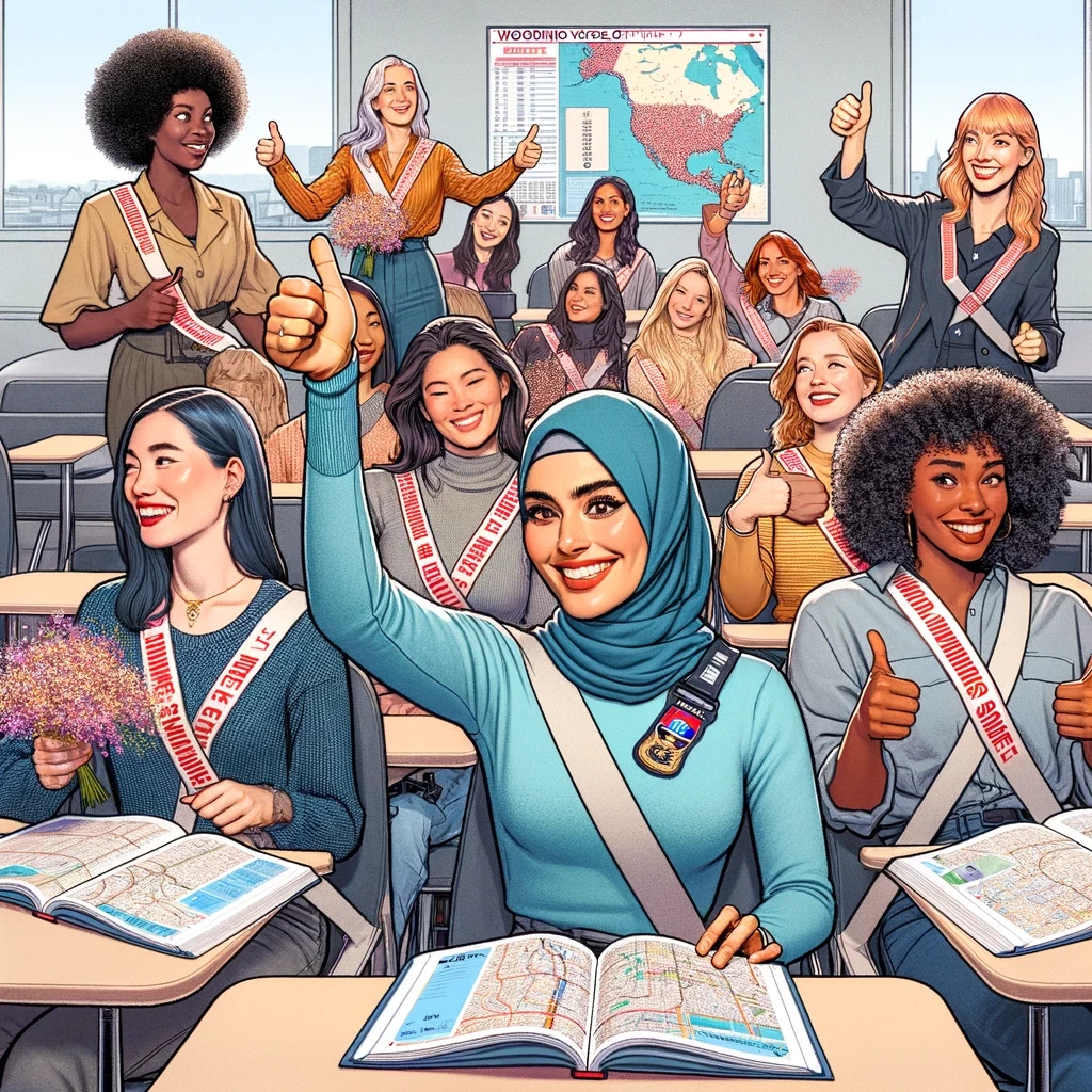 a classroom setting with diverse women caucasian african hispanic asian of various ages sitting at desks with driving manuals open in f