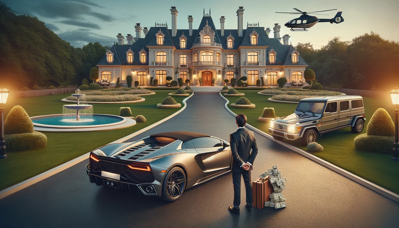 a person previously a lottery winner now dressed elegantly and standing beside a high end sports car in front of a large opulent mansion the backg