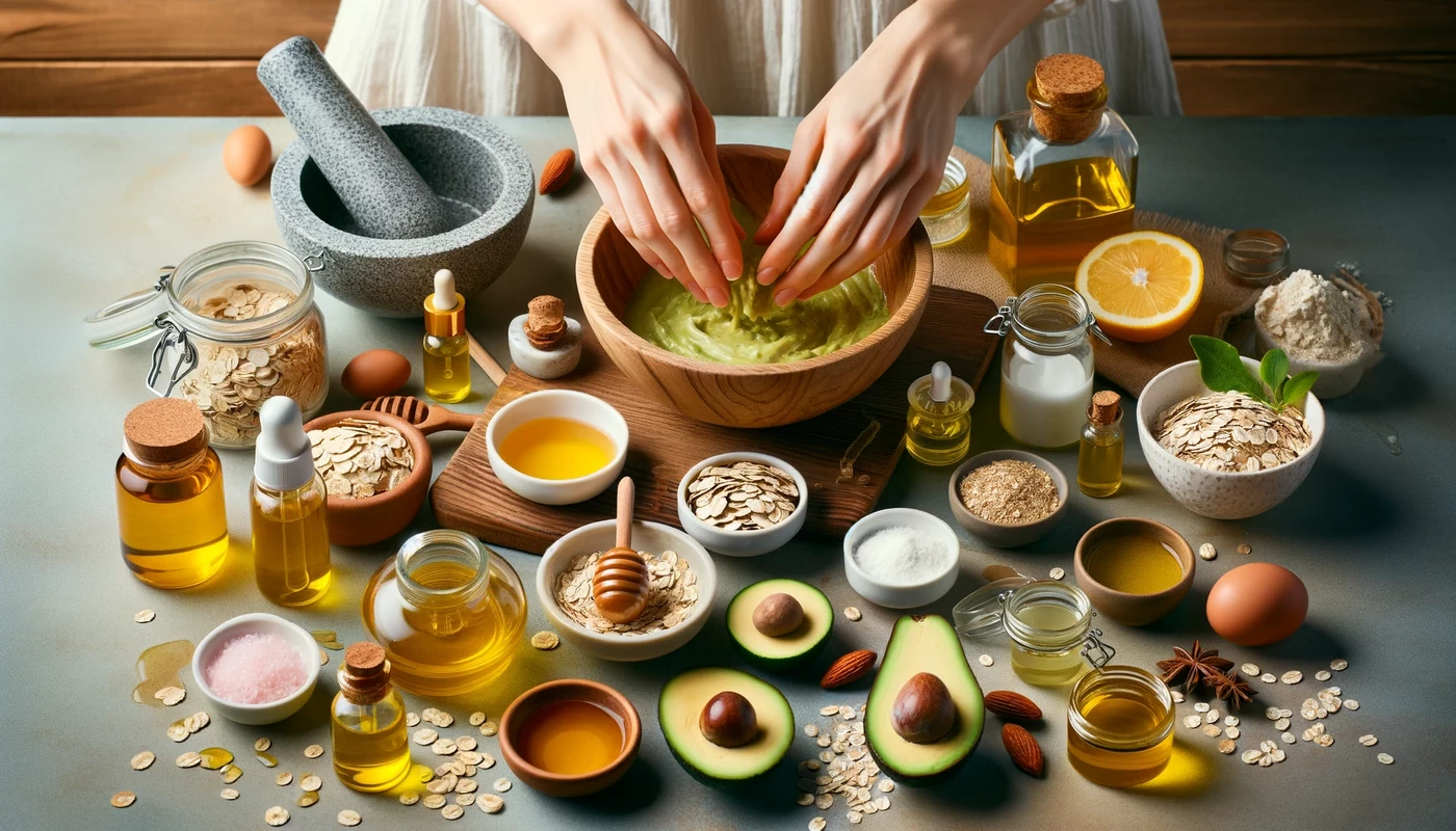 a photo capturing a diy process of making organic skincare products the image shows a persons hands mixing natural ingredients in a bowl with a var