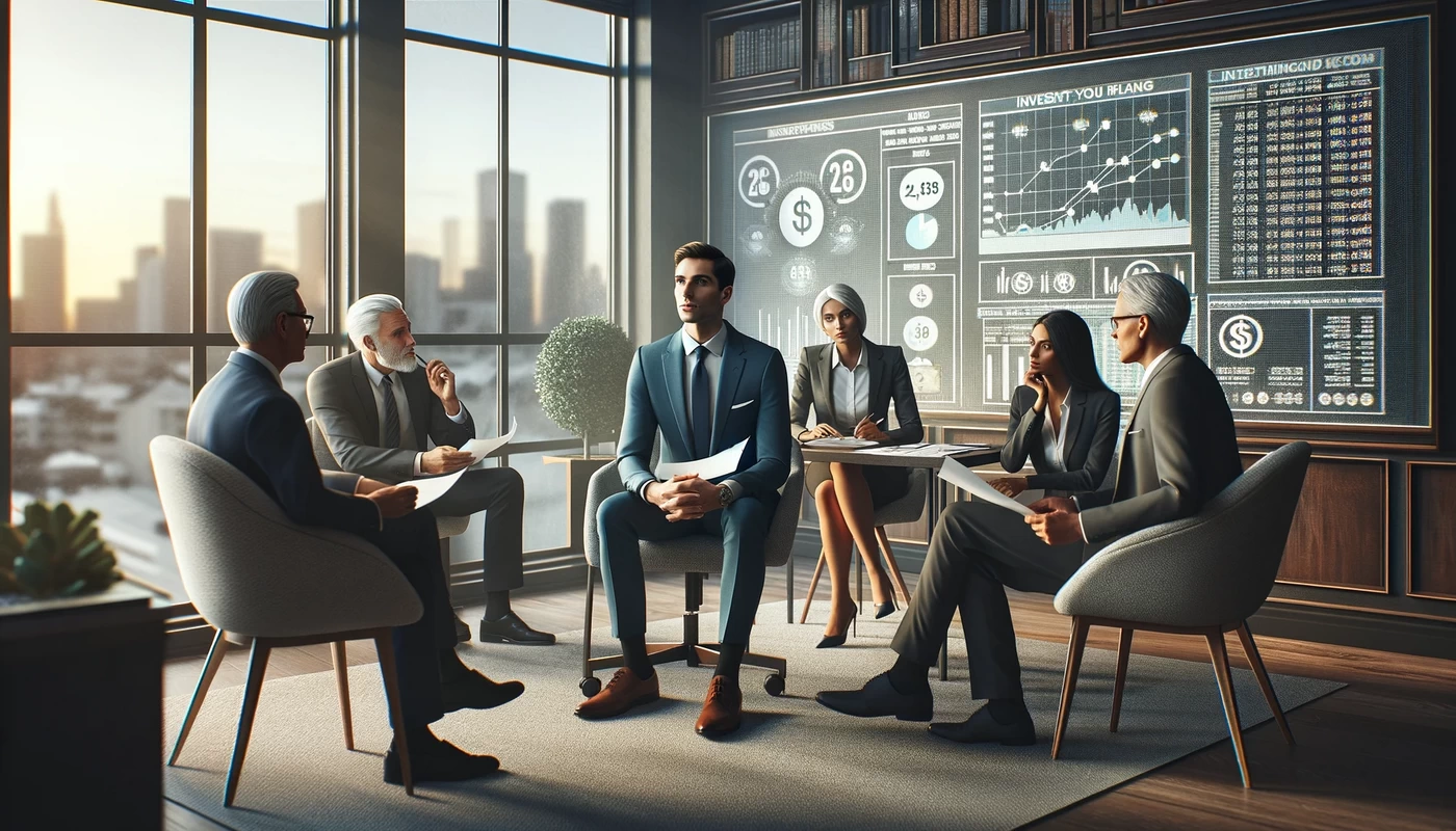 a realistic scene of a recent powerball winner sitting in a well furnished office surrounded by a team of professional financial advisors the settin