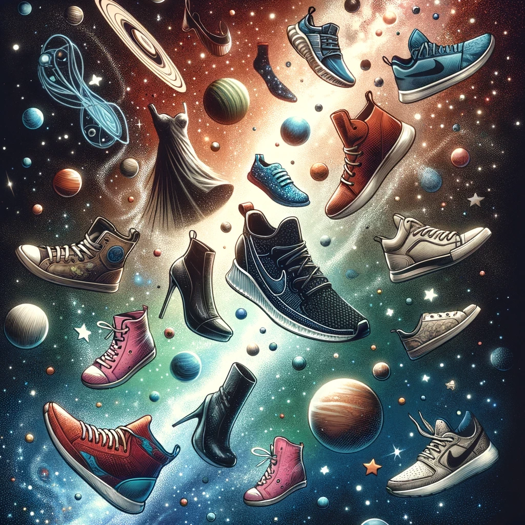 artistic representation of a wide range of shoes in space symbolizing the vast choices in the shoe universe include athletic sneakers high heels2