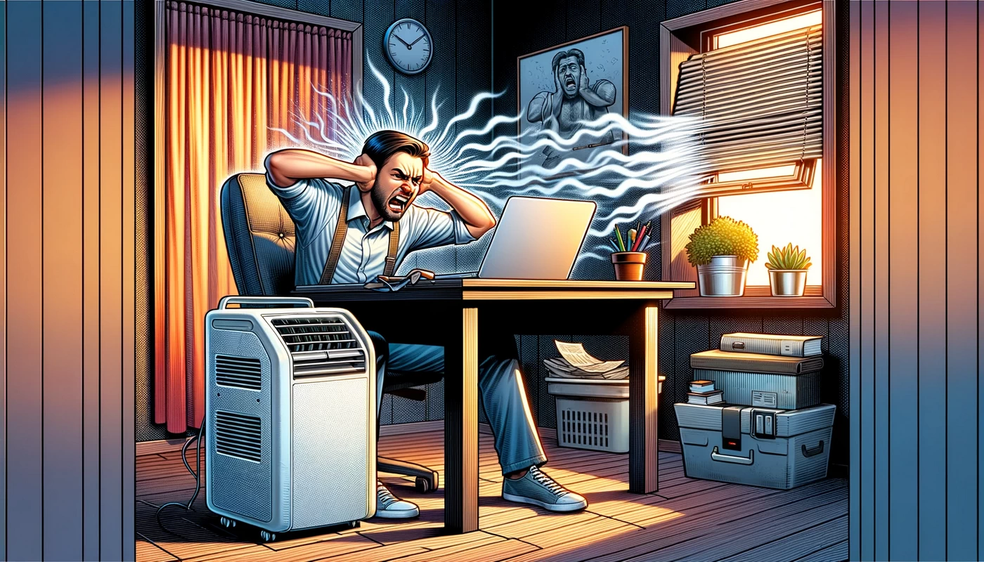 cons of portable air conditioning noise level a quiet disadvantage the image depicts a frustrated person in a home office s