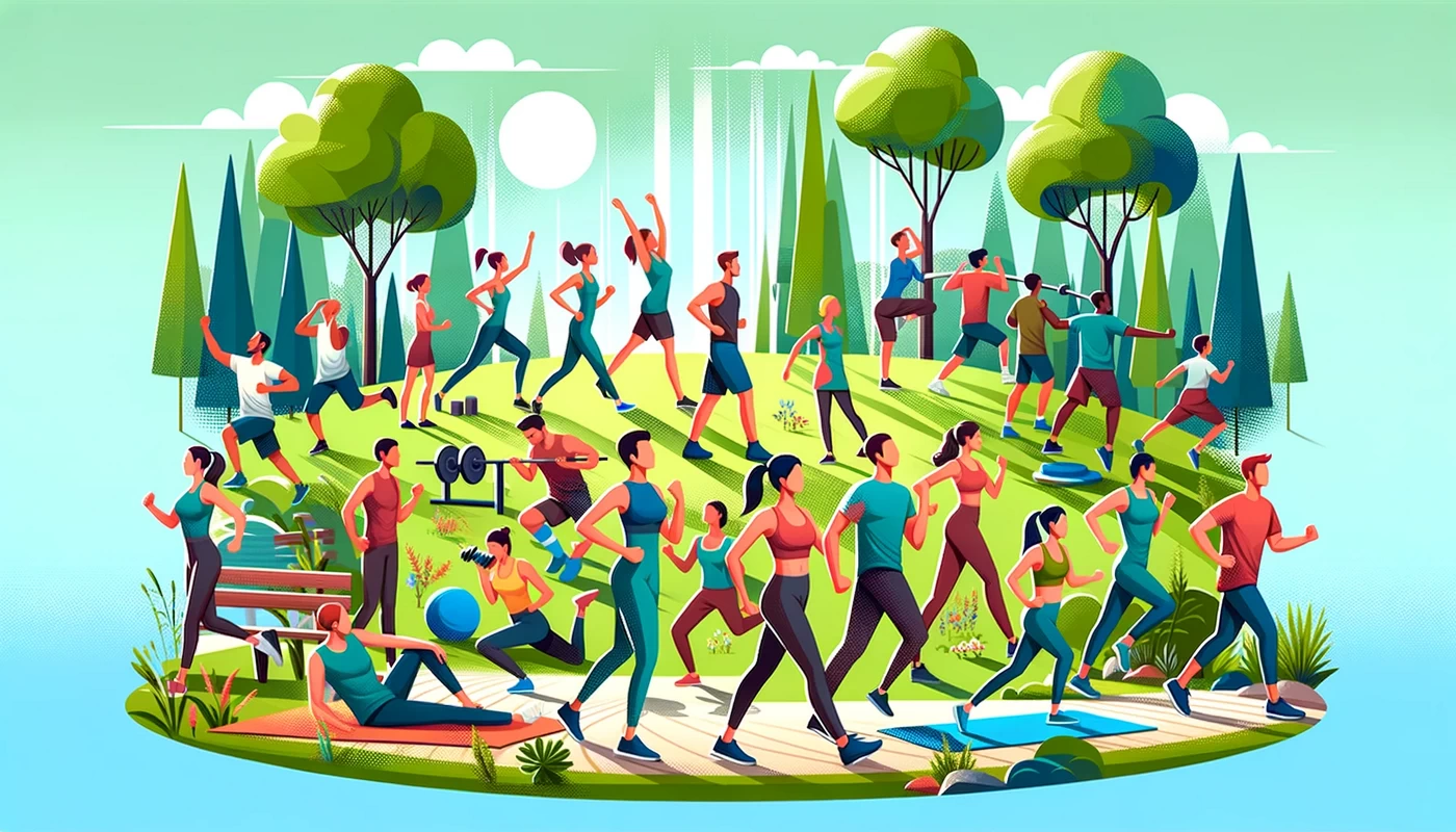 diverse group of individuals engaged in various physical fitness activities in a park