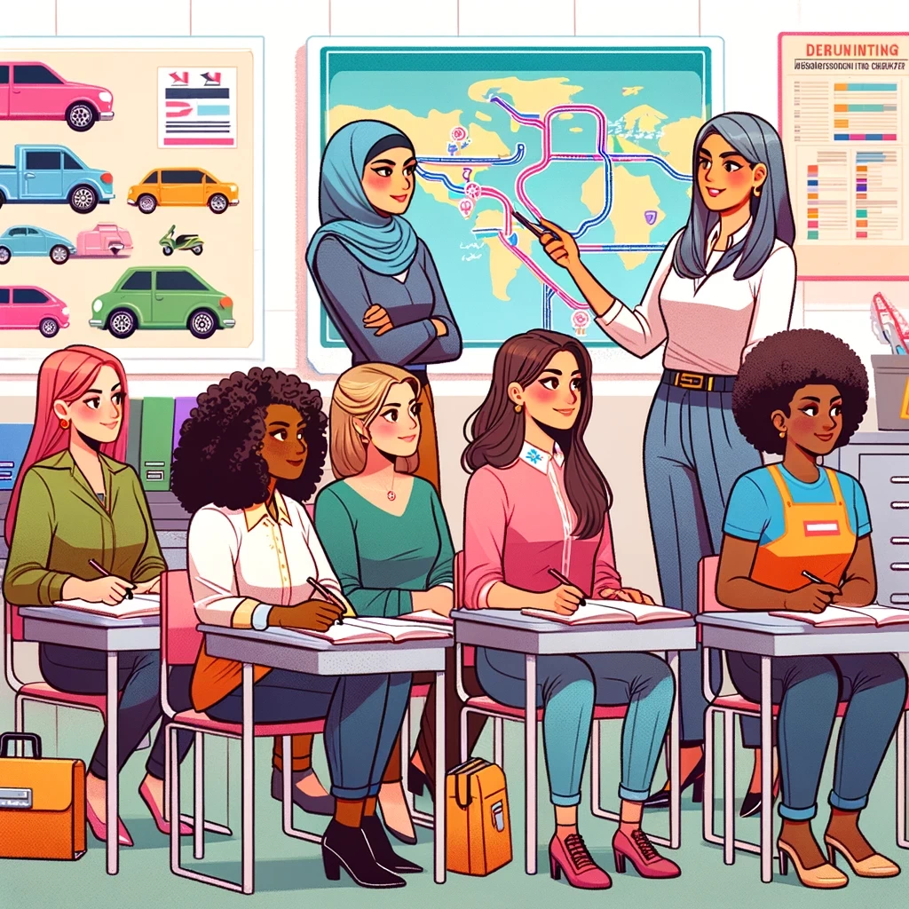 illustration of a colorful classroom with diverse women of various descents learning about car mechanics and road safety a large map on the wall show