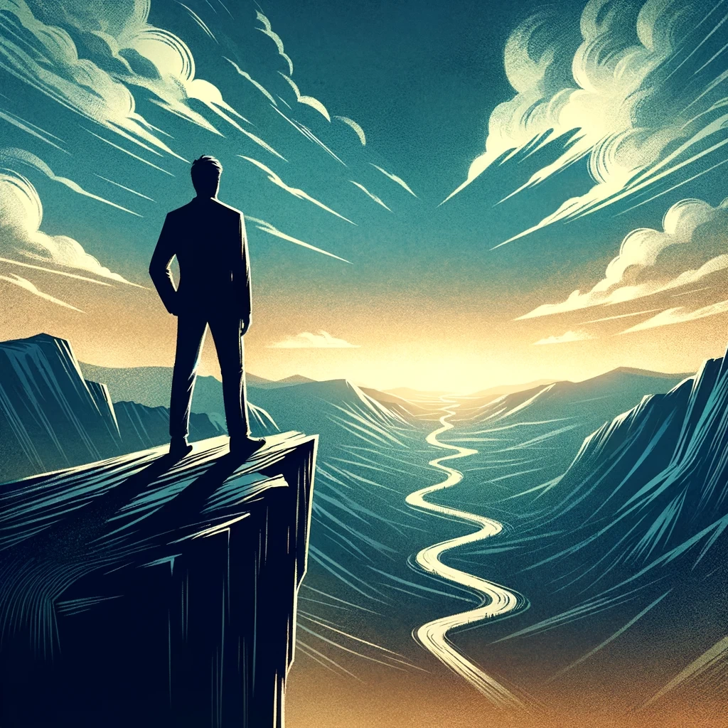 illustration of a figure standing at the edge of a cliff looking out over a vast landscape that represents potential and uncertainty the figures po