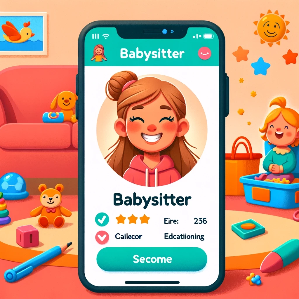 illustration of a vibrant welcoming babysitter profile on a popular babysitting app showcasing the babysitters qualifications a fun bio and a war