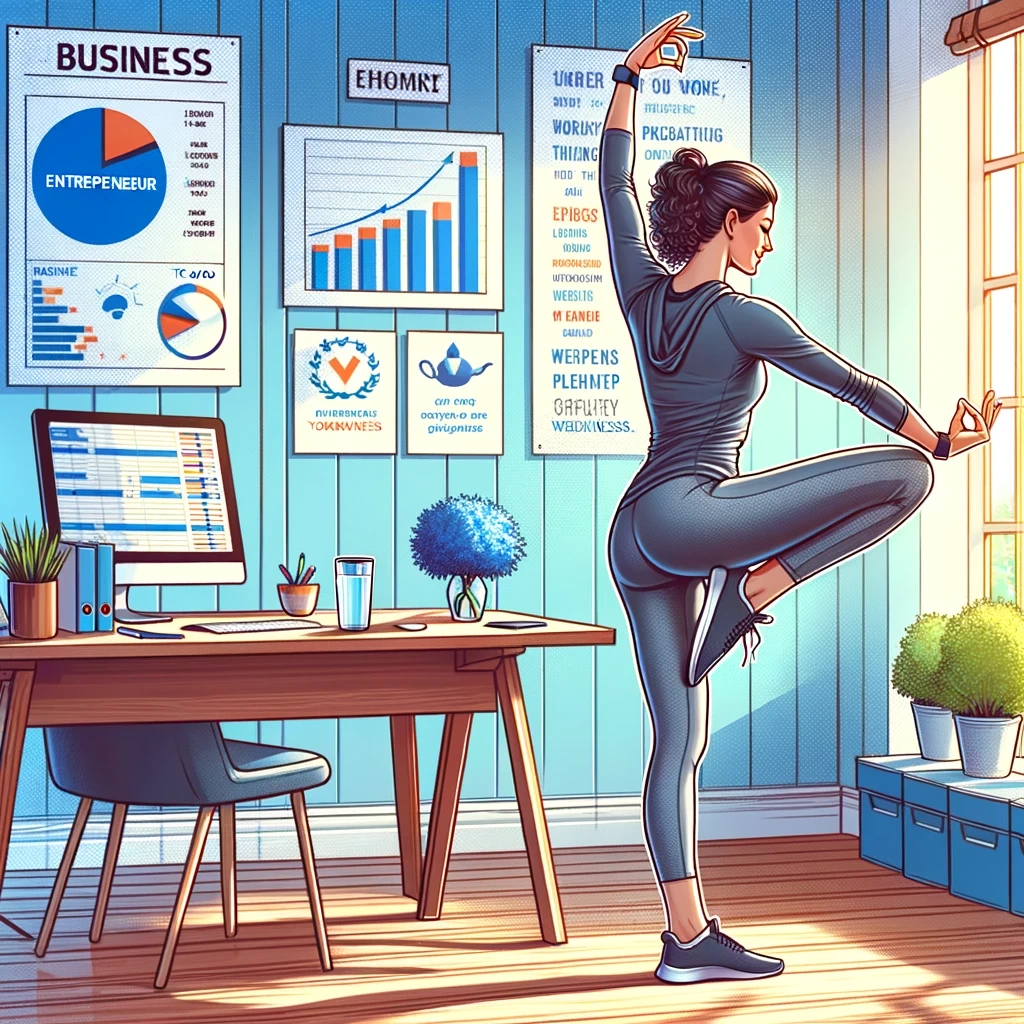 illustration of an entrepreneur in a home office doing stretching exercises with business charts and a to do list in the background the office is br