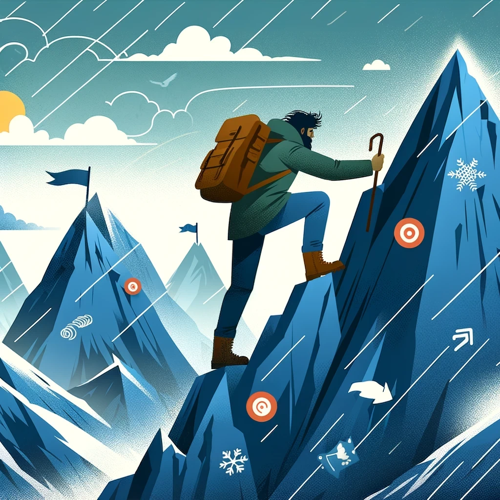 illustration of an indomitable figure climbing a steep mountain facing various obstacles such as harsh weather and rough terrain representing tenaci