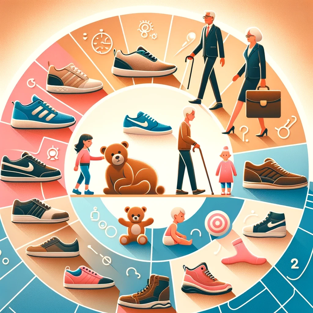 image 2 showcasing a variety of shoes suitable for different age groups from children to seniors with emphasis on features important for each age lik