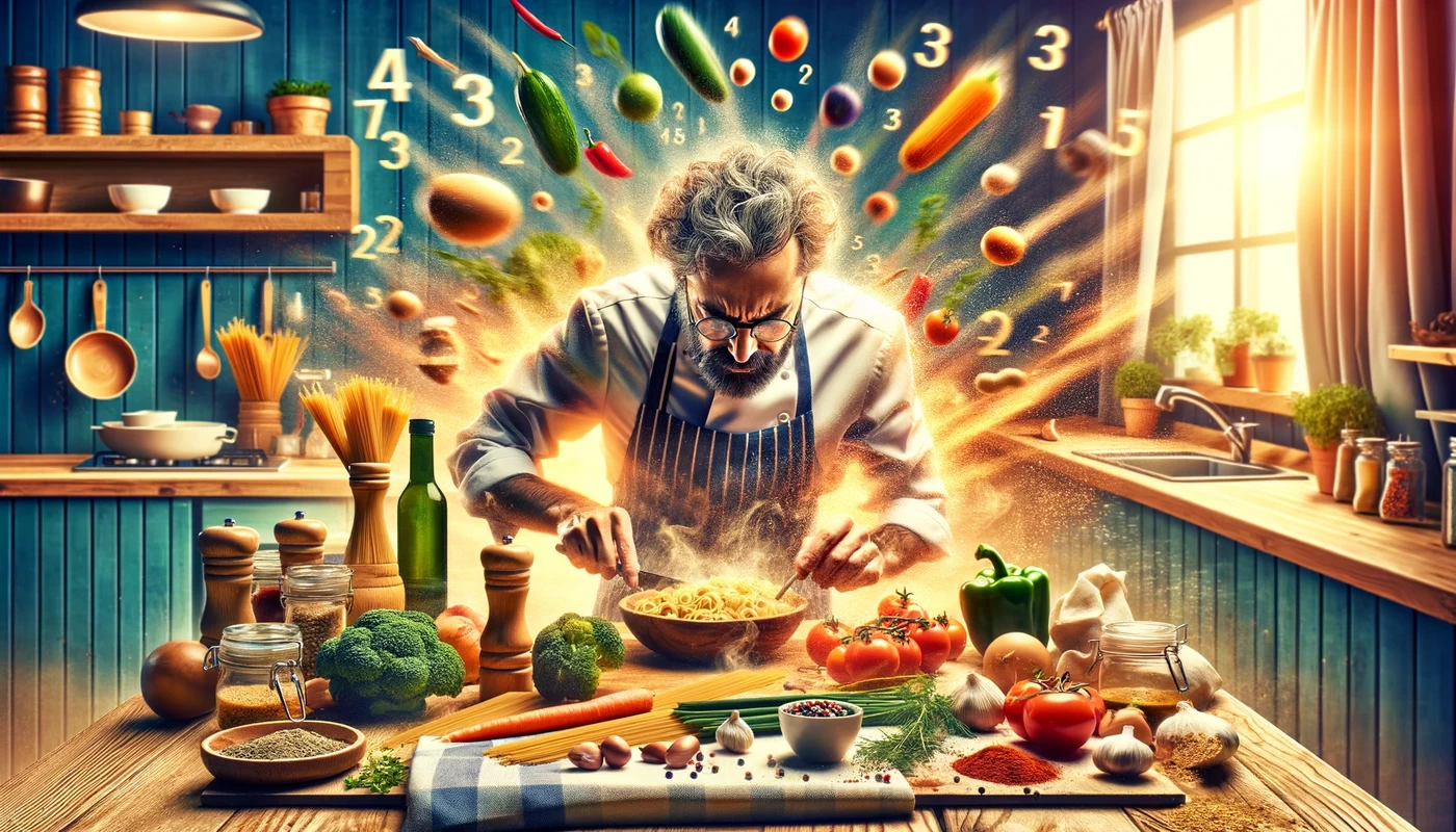 image depicting a lively and intense home kitchen scene where a chef is creatively preparing a meal with a variety of common household ingredients