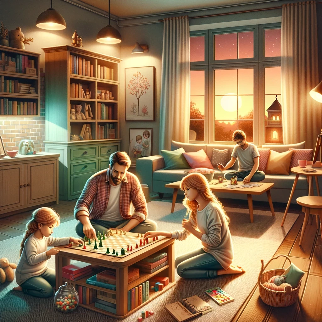 image for a chapter titled home sweet home the art of parenting with positive discipline showing a cozy family living room during the evening