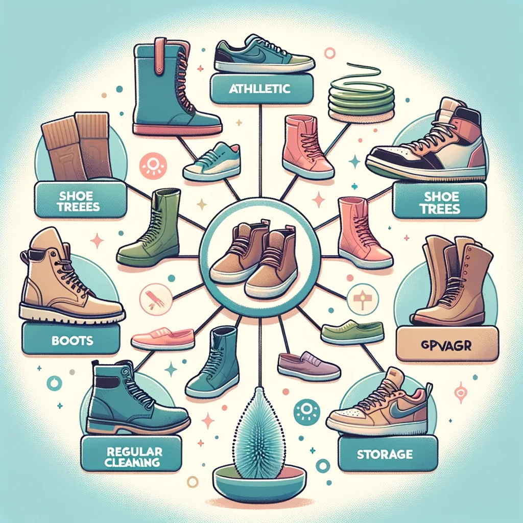 image illustrating the concept of shoe longevity and care featuring different types of footwear including athletic shoes boots and casual shoes in