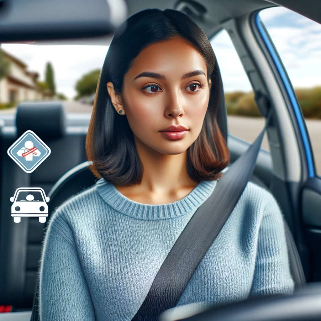 image of a focused woman of mixed descent in her 30s wearing a seatbelt and attentively checking her vehicles rearview mirror symbolizing safety on
