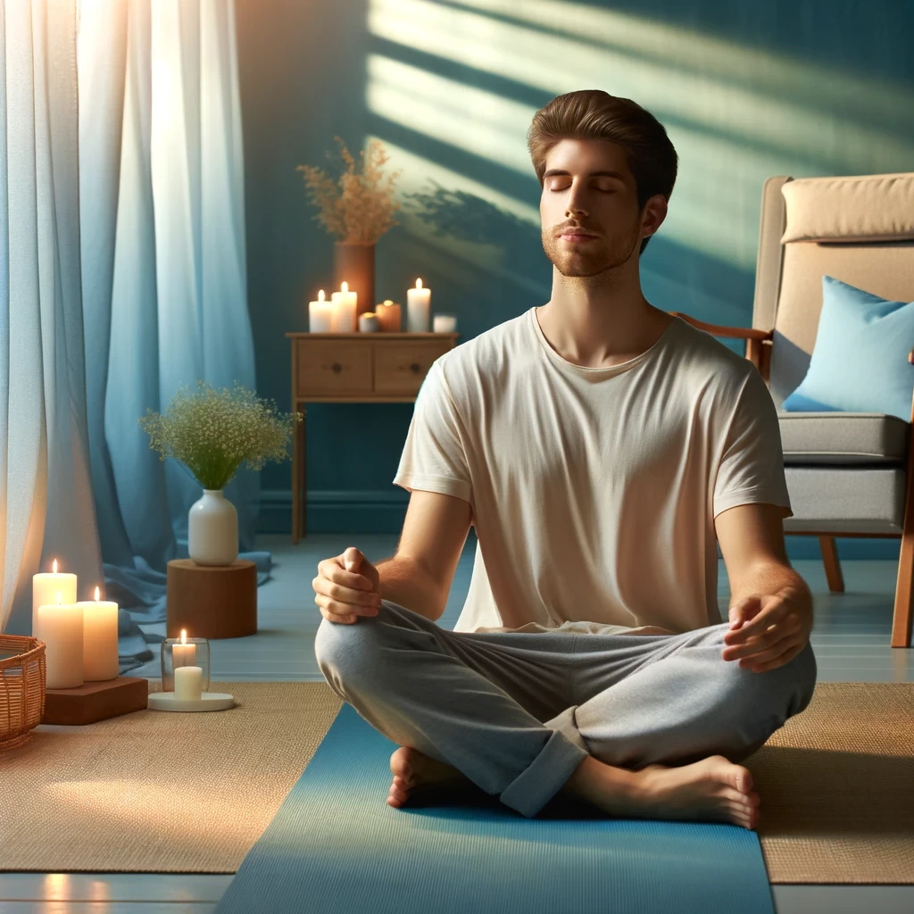 image of a relaxed entrepreneur practicing mindful breathing in a quiet well lit space the scene includes a comfortable chair a yoga mat on the flo