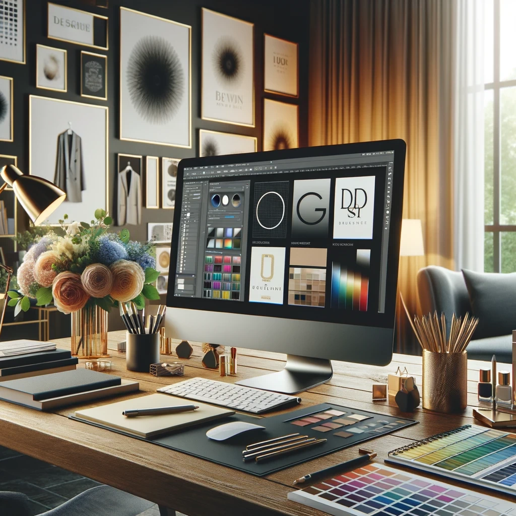 image of a sophisticated office space with a computer showing a design software open surrounded by mood boards and branding materials the room is st
