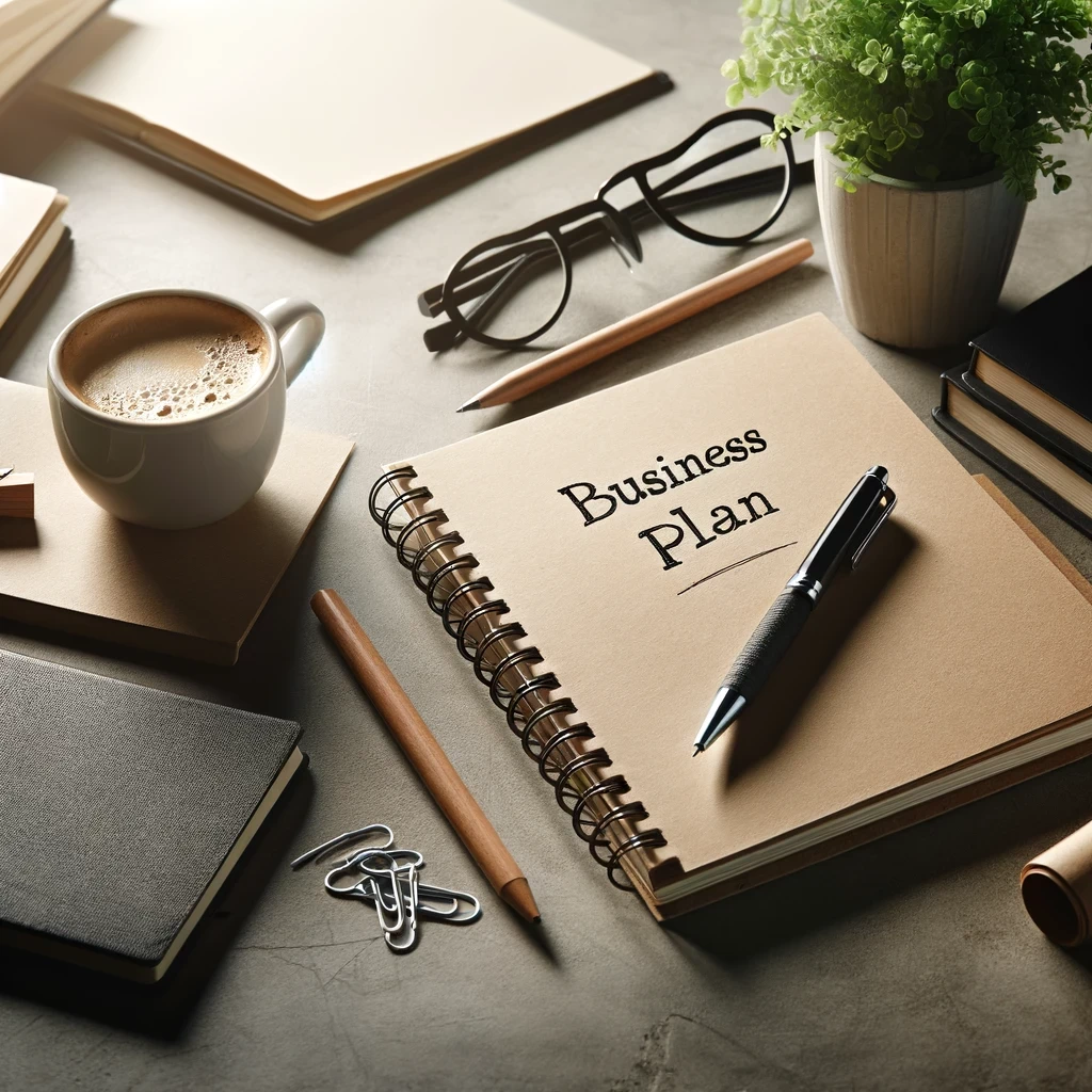 image of an open notebook with a pen on a desk symbolizing the crafting of a business plan the desk is neatly organized with a cup of coffee a pair