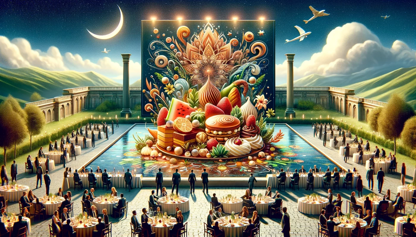 image representing the grand finale of a culinary experience at an outdoor soirée
