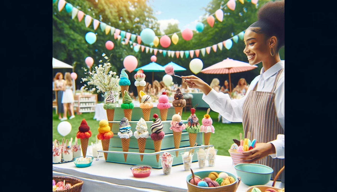 image showcasing creative ice cream flavors and presentation ideas for an outdoor event