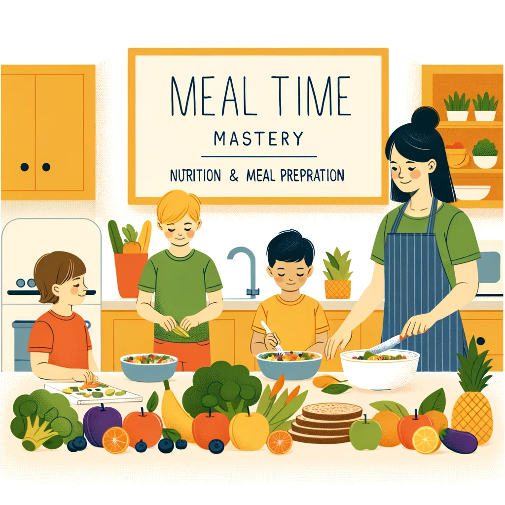 illustration of a babysitter in a brightly lit kitchen guiding children of different ages in preparing a variety of healthy foods the countertop is