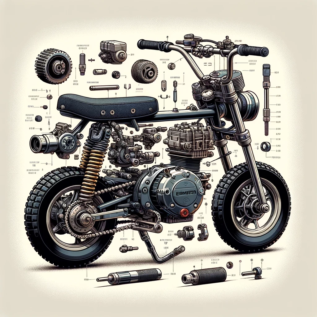 llustration of a detailed anatomy of a mini bike showing different parts and features the image should depict an exploded view of a mini bike highl
