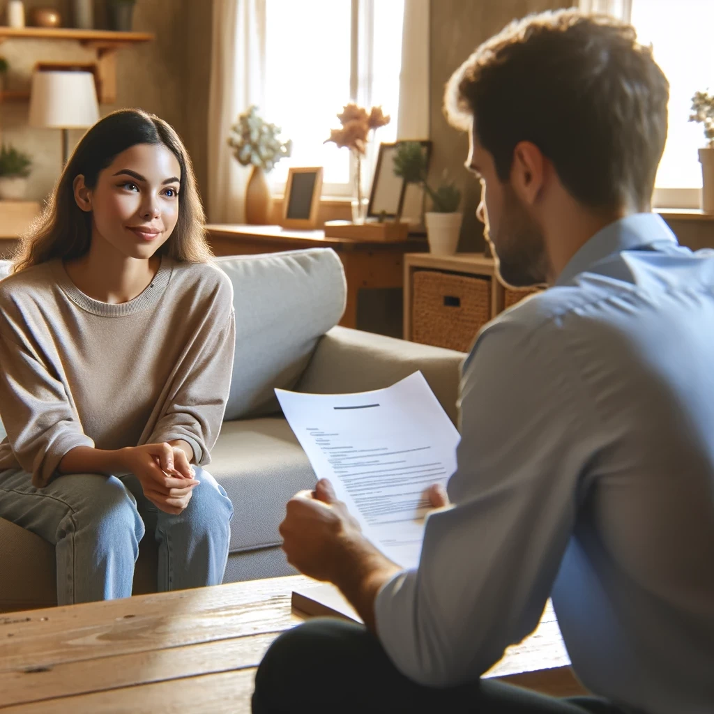 photo of a parent conducting an in person interview with a potential babysitter the setting is a living room with a warm and welcoming atmosphere t