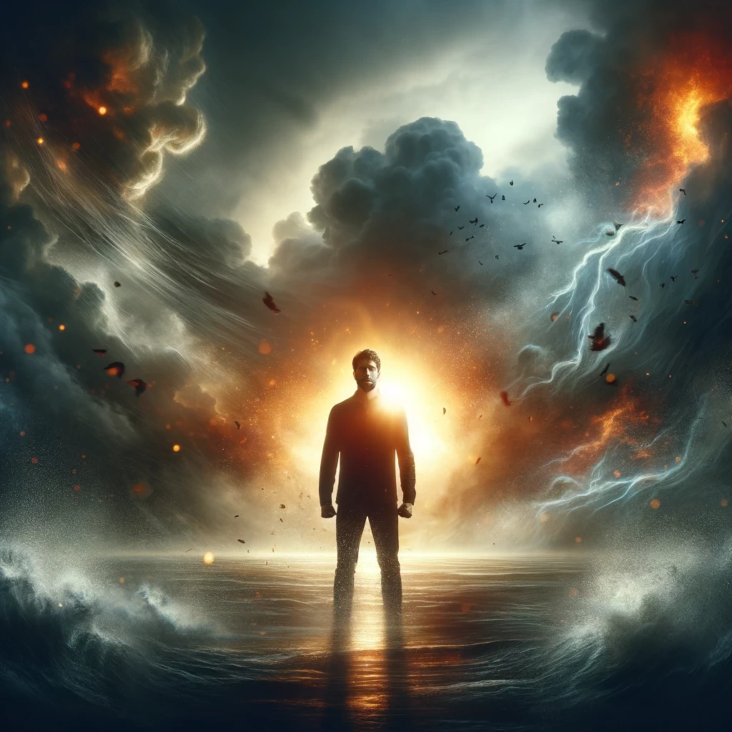 photo of a person standing resilient amidst a stormy environment their expression is one of determination and passion with a faint glow around them