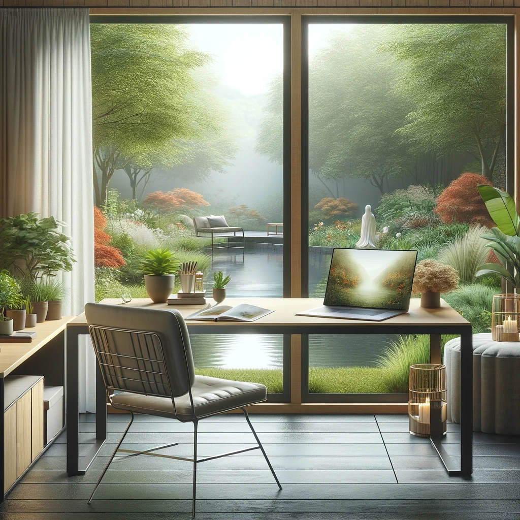 photo of a serene home office space designed with a minimalist approach promoting a calm and stress free working environment for an entrepreneur2