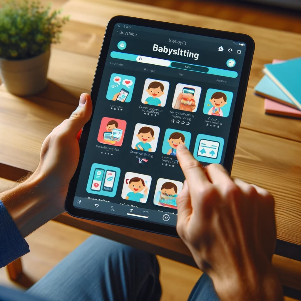 photo of a tech savvy babysitter browsing through various online job platforms and apps on a tablet with the screen displaying a variety of babysitt