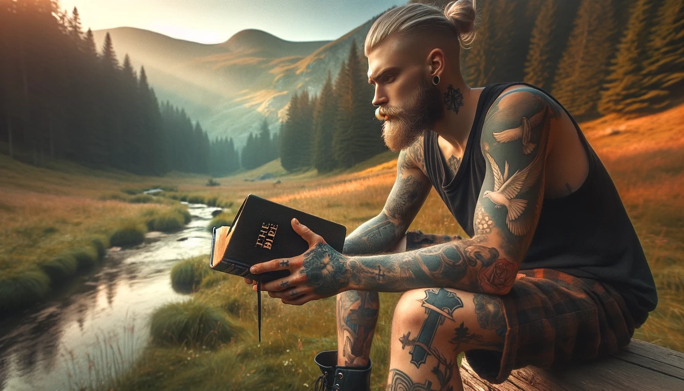 the enduring influence of the bible on contemporary tattoo culture featuring a caucasian man with visible tattoos th