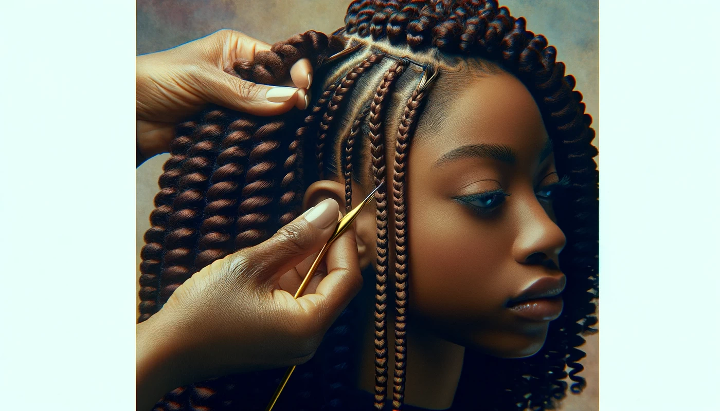 the image illustrates the unique process of creating crochet braids showing a woman in the midst of ge