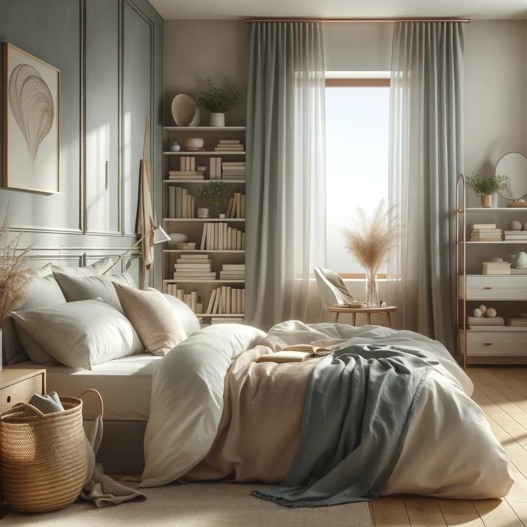 tranquil and well organized bedroom with a made bed featuring soft linens and plush pillows the room has a calming color scheme with a tidy booksh