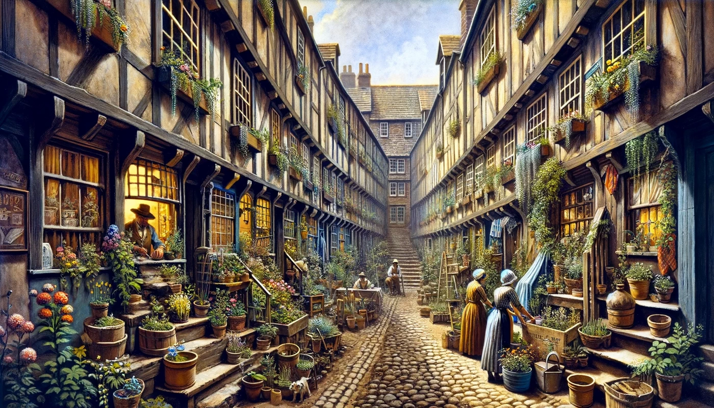 a historical scene depicting the beginnings of compact gardening in a bustling city from centuries ago the image shows a narrow cobbled street lined