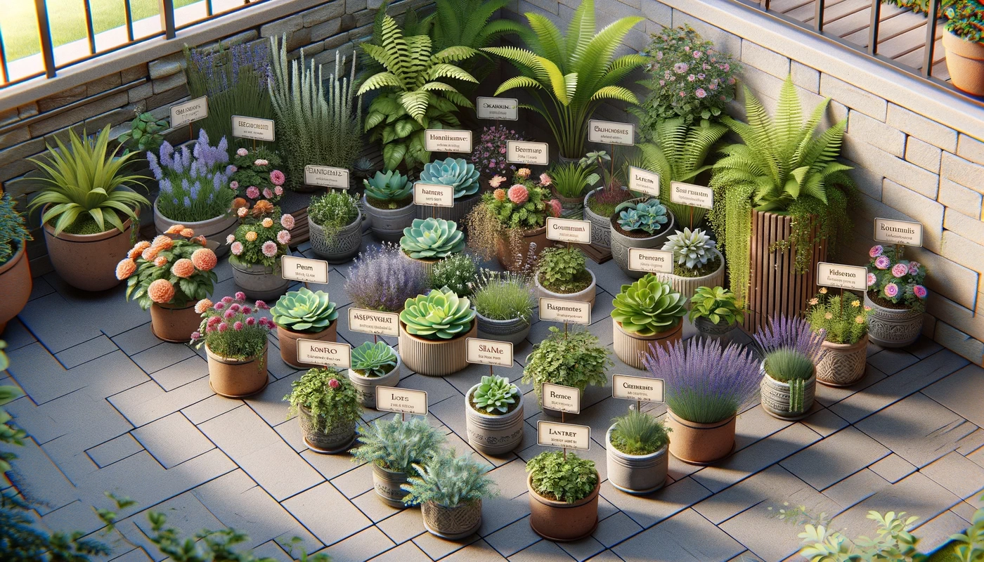 a realistic depiction of a variety of specific plant types suitable for compact gardens the image shows a small beautifully arranged garden space wi