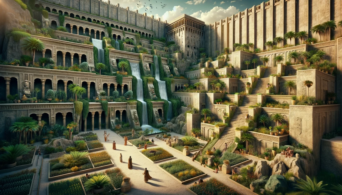 a realistic representation of the hanging gardens of babylon illustrating the early concepts of landscaping the scene shows a series of terraced gar