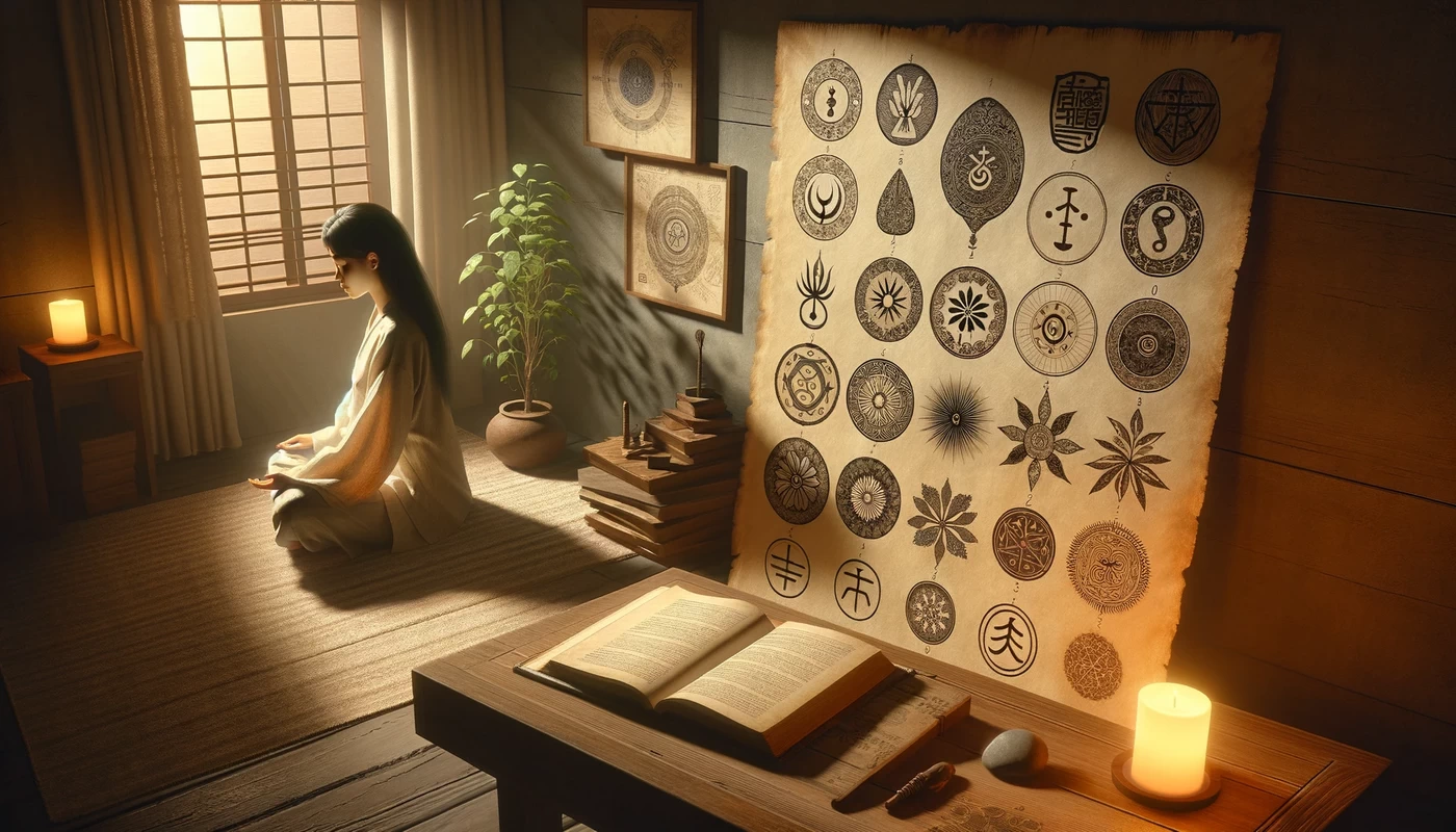 delving into the traditional symbols of reiki displays a collection of traditional reiki symbols the scene is set in a pe