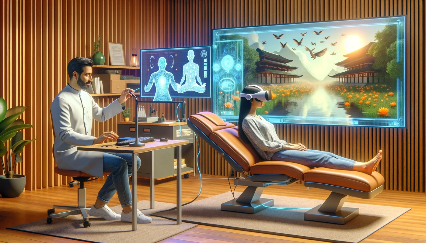 future trends in hypnotherapy embracing the digital age virtual reality and artificial intelligence depicts a modern hyp