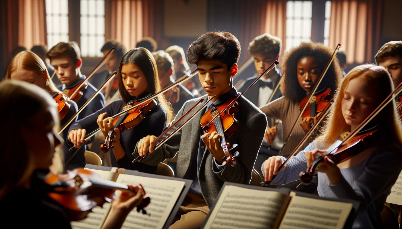 local violin orchestra teenagers play violins beautiful show the image showcases a group of teenagers diverse in ethnicity